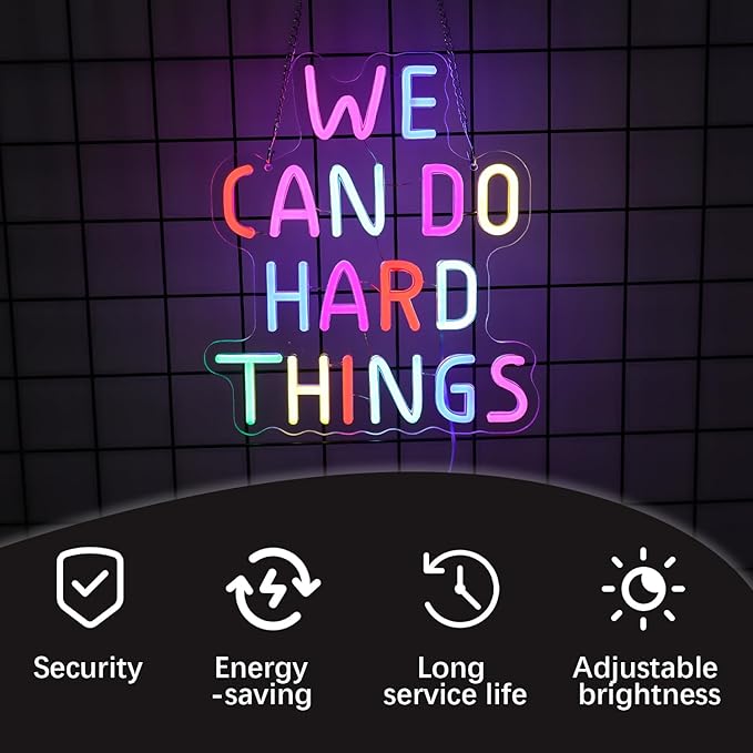 We Can Do Hard Things Neon Sign Classroom Decor Inclusive Decoration Welcome Gift Teacher Present Wall Sign for Primary Schools and Kindergartens Birthday (11.4×12.8)