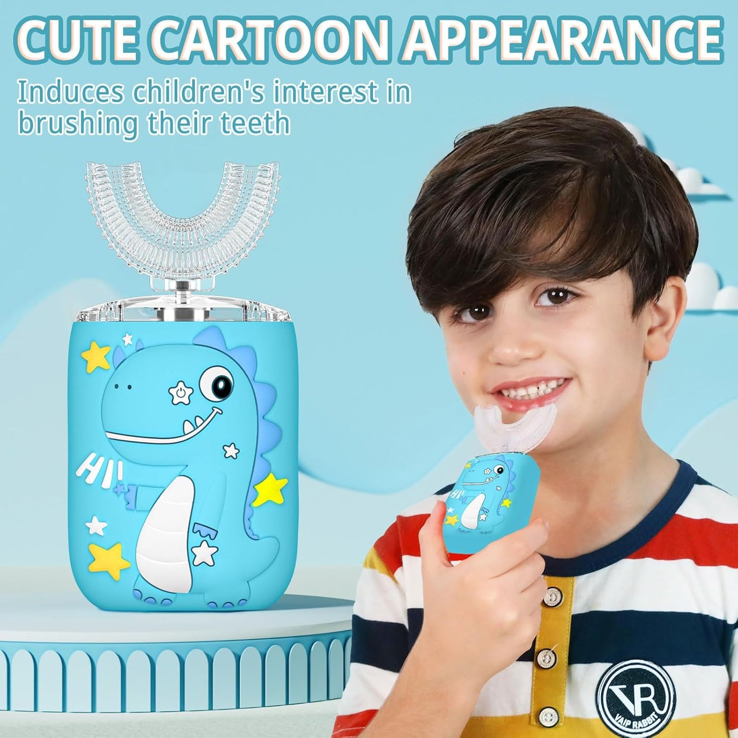 Kids Electric U Shaped Toothbrush,Kids Dinosaur Sonic Full Mouth Toothbrush with 4 Soft Brush Head Automatic 6 Cleaning Modes IPX7 Waterproof 360 Degree Cleaning - Age2-7 Blue