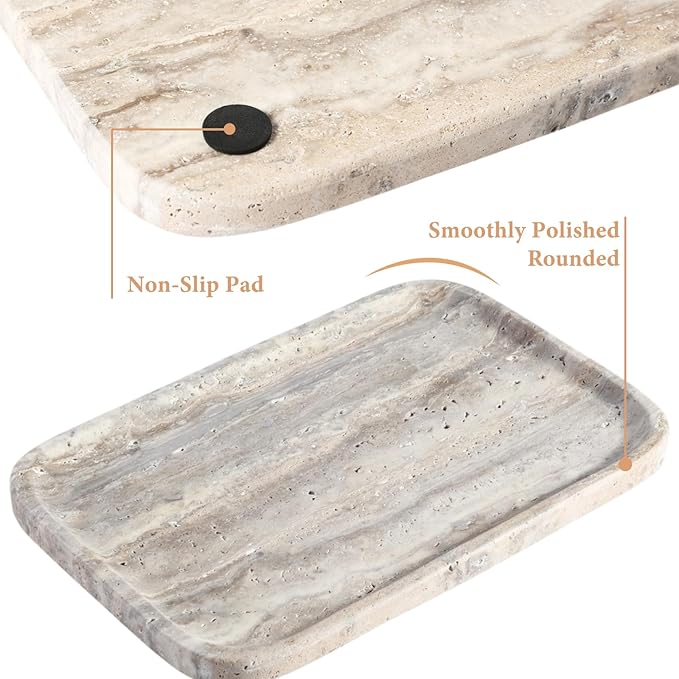 Marble Vanity Trays, Travertine Bathroom Tray, Decorative Tray for Dresser Countertop, Grey Stone Serving Holder for Kitchen, Storage Trays for Perfume, Jewelry Candle Organizer
