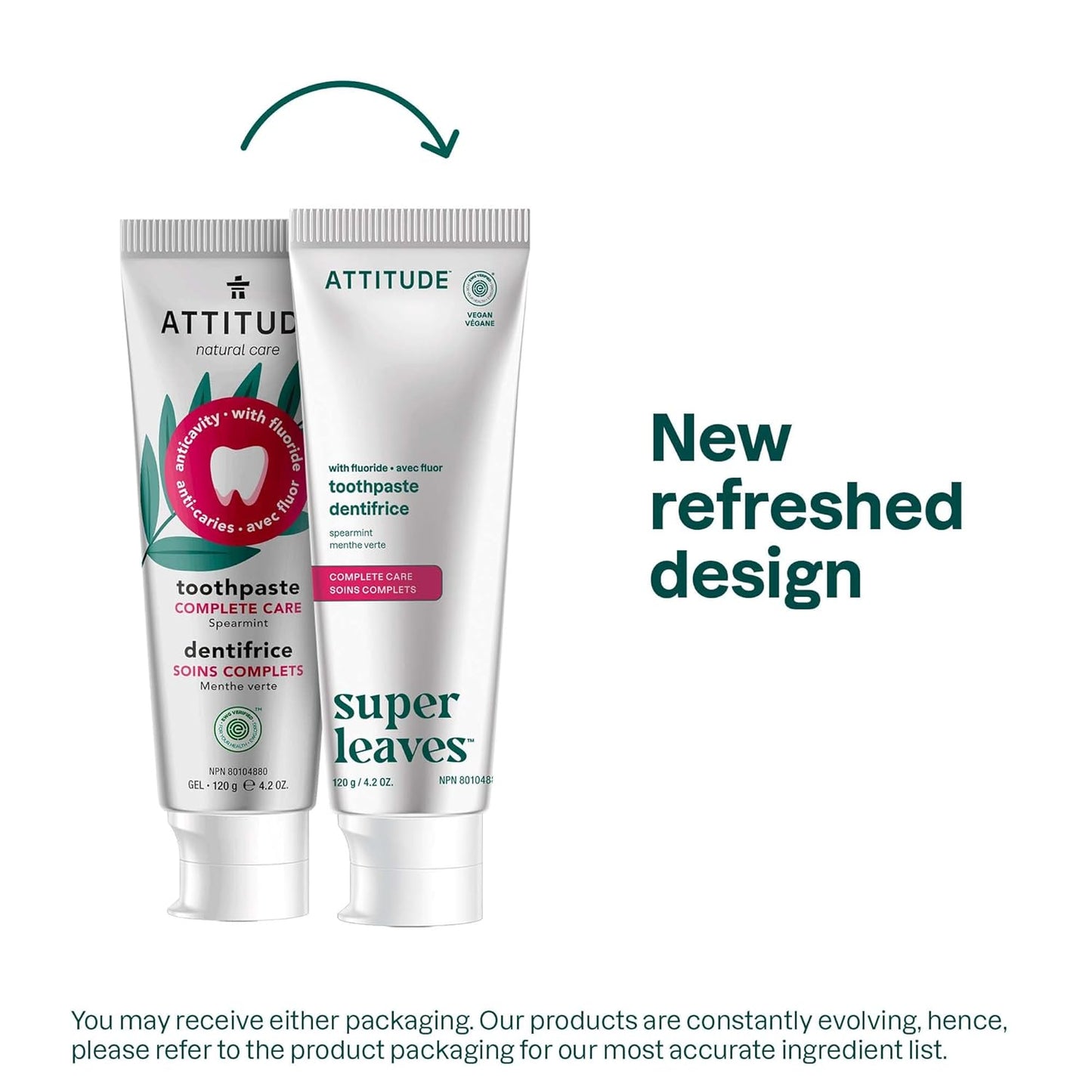 ATTITUDE Complete Care Toothpaste with Fluoride, Spearmint Flavor, Vegan & Cruelty-Free, Sugar-Free, Plant & Mineral-Based Ingredients, Clean Oral Care, 4.2 Oz