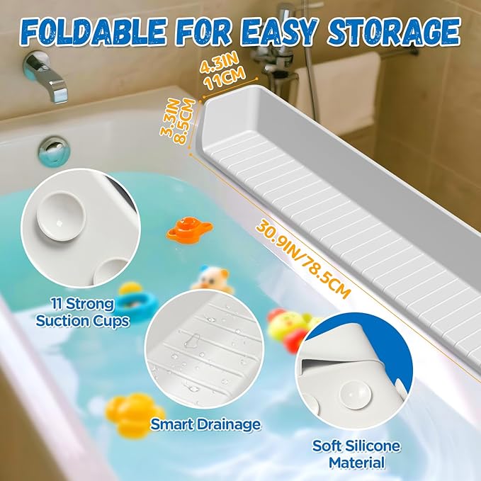 Splash Guard for Bathtub Kids - Silicone Bathtub Splash Guard with 11 Suction Cups, Bath Tub Play Shelf for Kids & Toy Holder, Prevent Water Spill in Bathroom, Fun Bath Time for Toddlers Baby, Gray