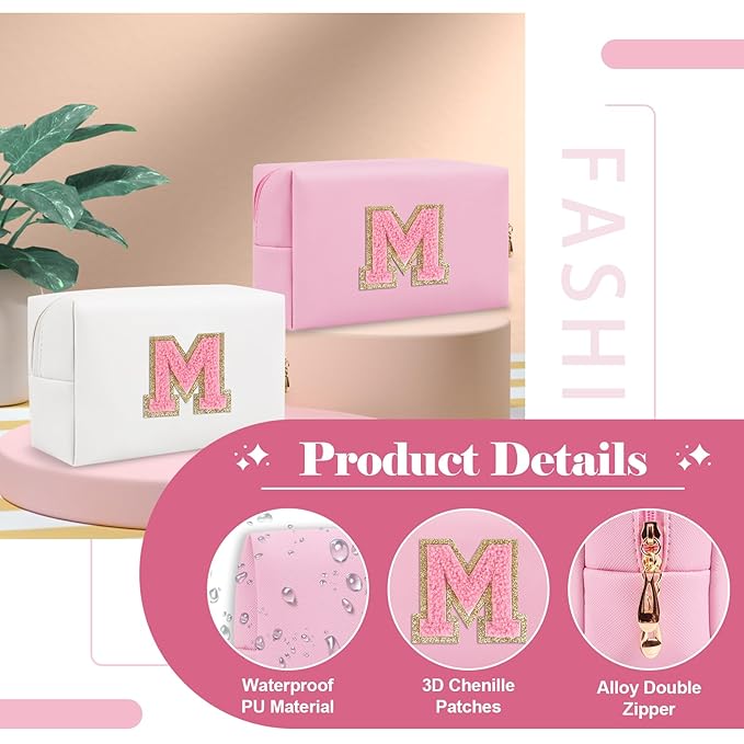 Personalized Initial A-Z Preppy Patch Makeup Bag,Small PU Leather Chenille Letter Cosmetic Bag with Zipper for Teen Girls,Pink Cute Travel Toiletry Bag,Birthday Monogrammed Gift for Daughter,Letter M