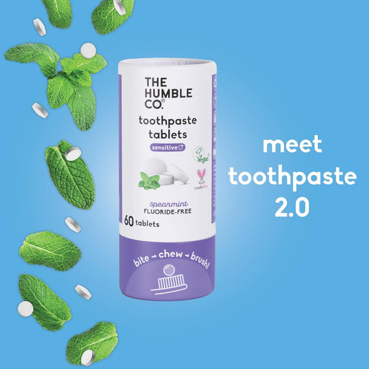 The Humble Co. Sensitive Toothpaste Tablets – Fluoride Free Toothpaste Tablets for Sensitive Teeth and Gums, Dentist Developed Formula, Vegan, SLS Free, Plastic Free (Spearmint, 3PK)