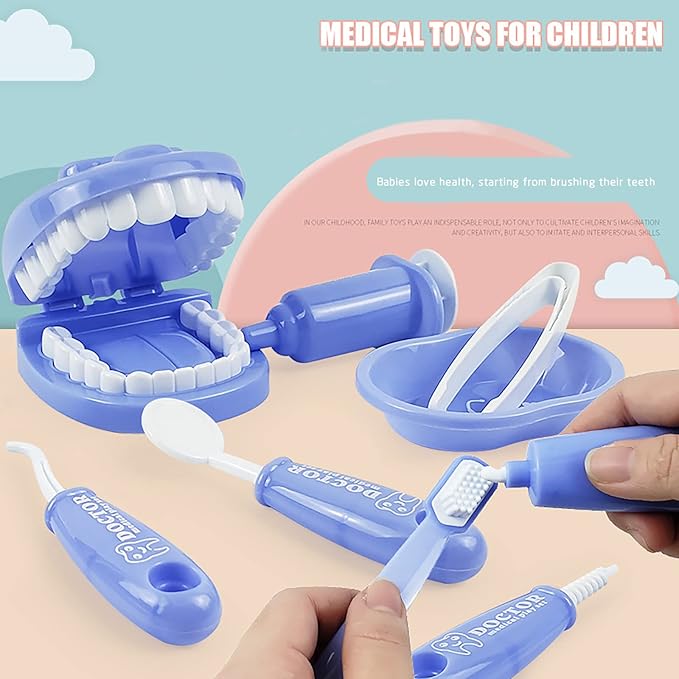 Dental Early Education Brushing Toys, 9Pcs/Set Children Role Play Toy Crocodile Early Education Cartoon Tooth Brushing Model Preschool Education Toy Dentist Game for Kids Classroom Blue