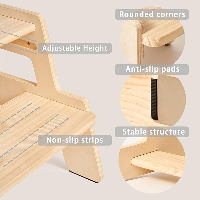 Toddler Step Stool for Kids - Height Adjustable Non-Slip Wooden Step Stool for Bathroom Sink, Kitchen & Potty Training 2-Step - Natural