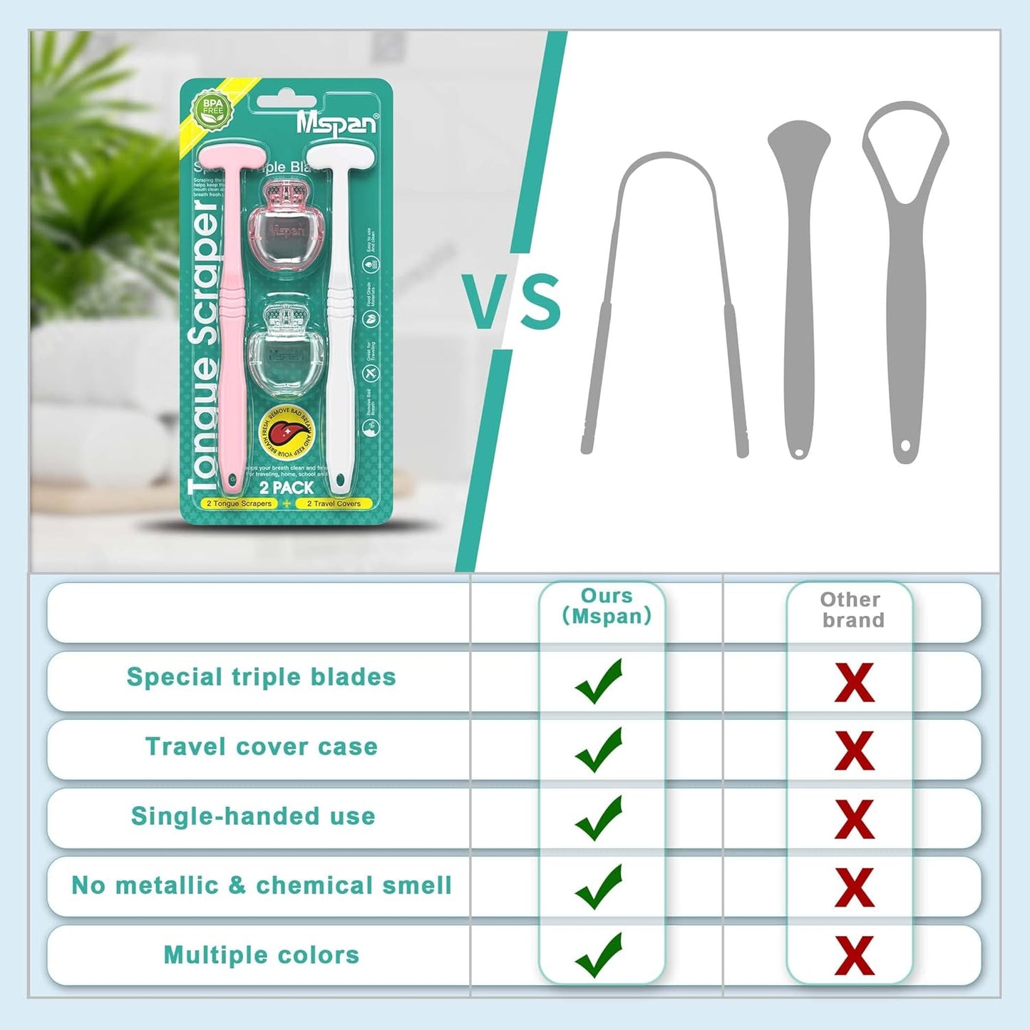 Mspan Tongue Scraper Cleaner Brush: Tongue Care Cleaning Scrubber with Plastic Travel Case Cover for Adults kids - Clean Oral Bad Breath Pink White 2 Pack