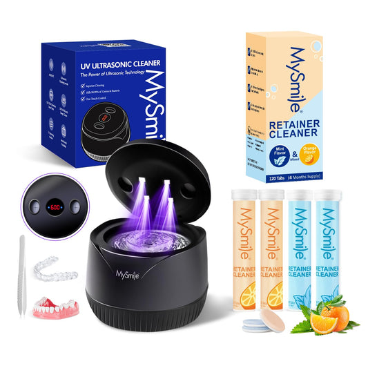MySmile Ultrasonic Retainer Cleaner Machine with Tablets- 45kHz Black Dental Pod with 200ML Capacity and MySmile Retainer Cleaner with 120 Denture Cleaning Mix Flavor Tablets