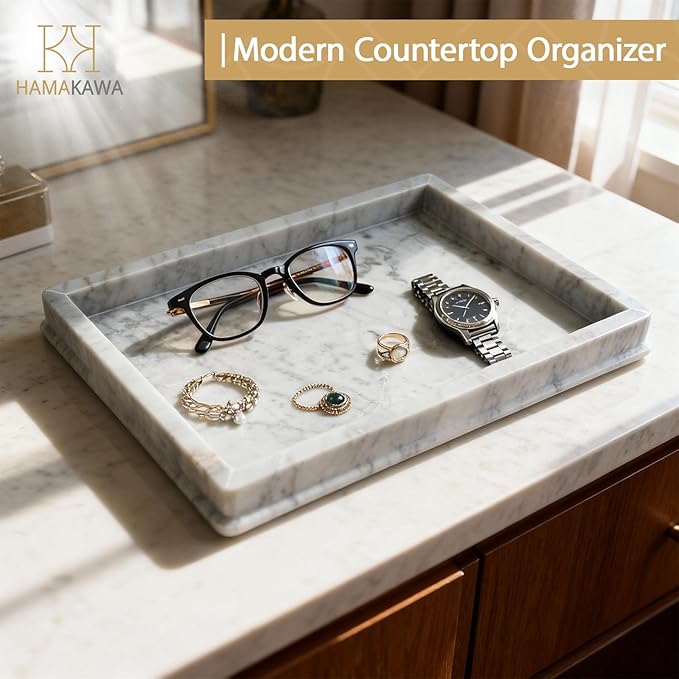 Large Natural Marble Bathroom Vanity Tray 12 inch, Carrara White Stone Jewelry Tray, Rectangle Sink Trays, Modern Tank Trays, Countertop Organizer for Soap Dispenser, Kitchen, Home Decor