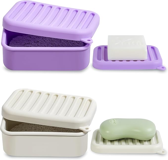 2PC Portable Leakproof Travel Soap Case, Silicone Travel Soap Case, Compact Soap Holder with Drainage Layer, Travel Soap Holder for Camping, Gym, Outdoor (Light-Purple&Rice-White)
