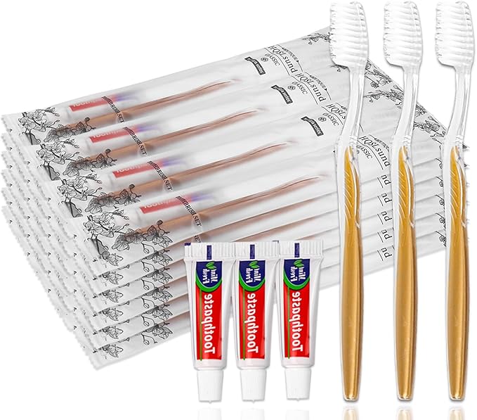 20 pcs Disposable Toothbrush with Toothpaste Bulk Individually Wrapped, Travel Toothbrush Kit, Hotel Toothbrushes Bulk for Airbnb,Shelter/Wedding/Nursing Home/Charity/Homeless, Gold