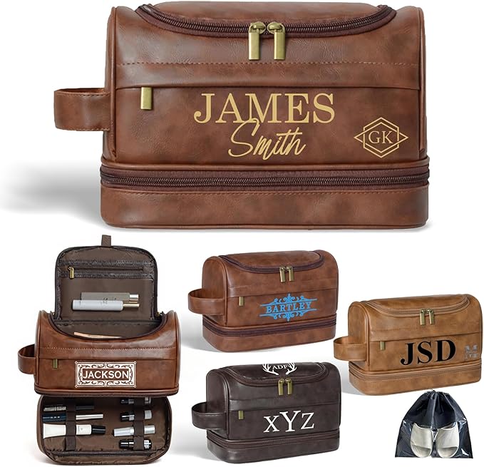 Personalized Toiletry Bag For Men, Large Capacity Travel Doop Kit, Vintage Color PU Leather, Custom Name Initials, Gifts for Dad, Husband, Boyfriend, Groomsmen, Birthday (Style 5)