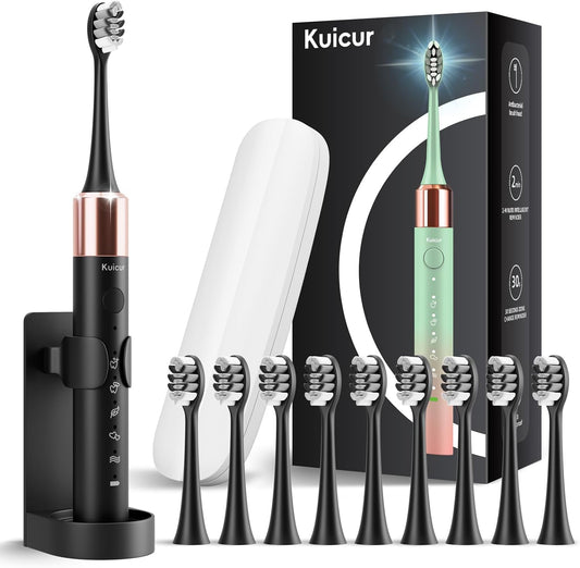Sonic Electric Toothbrush for Adults and Kids, Comes with 10 Brush Heads & Travel Case, 5 Modes with 2 Minutes Built in Smart Timer, One Charge for 90 Days, 42,000 VPM Motor (Black)