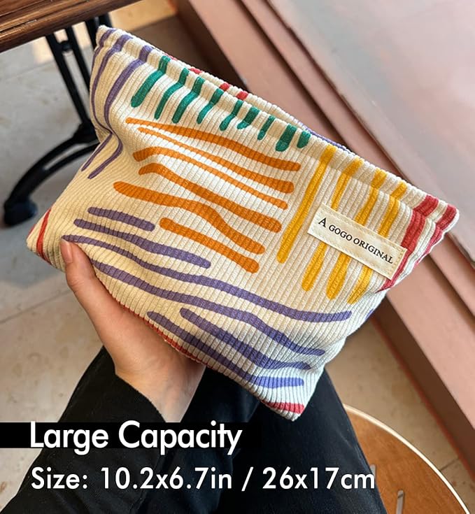 STARDW Cute Makeup Bag Aesthetic Cosmetic Bags for Women Girls, Travel Toiletry Bag Large Capacity Zipper Makeup Pouch, Purse Organizer Pouches,Canvas Lining (Colorful Stripes)