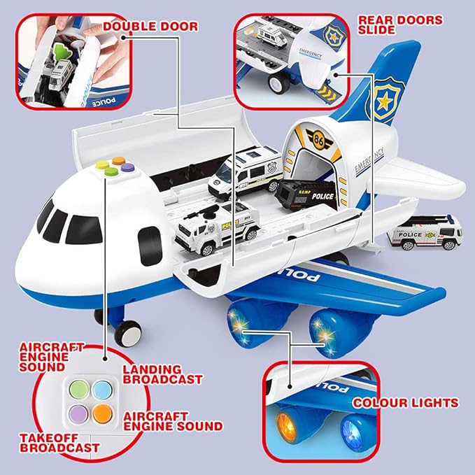 Dwi Dowellin Toddler Toys Car for Boys:Boy Toy Transport Cargo Airplane|Kid Toys 20 in 1 Carrier Vehicle Police Toys for Kids Age 2-4 3-5 4-7 Year Old Boys Girls