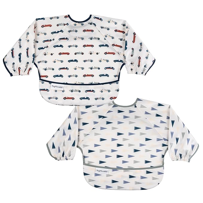Tiny Twinkle Long Sleeve Bib for Babies & Toddlers – 2 Pack Waterproof Smock Bibs for Eating – Machine Washable & Mess-Proof, Baby Feeding Essential & Shower Must-Have (Cars,Flags,6-24M)