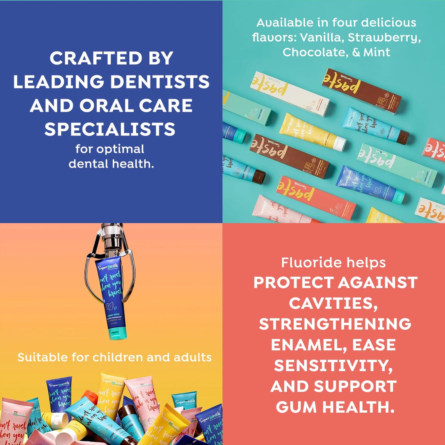 SuperMouth Fluoride Toothpaste - Adults & Kids, Fights Cavities, Whitens, Nano Hydroxyapatite, Dentist Developed, Safe Clean Ingredients, Gentle on Sensitive Teeth, Vitamins D3 & K2, 4 Tasty Flavors