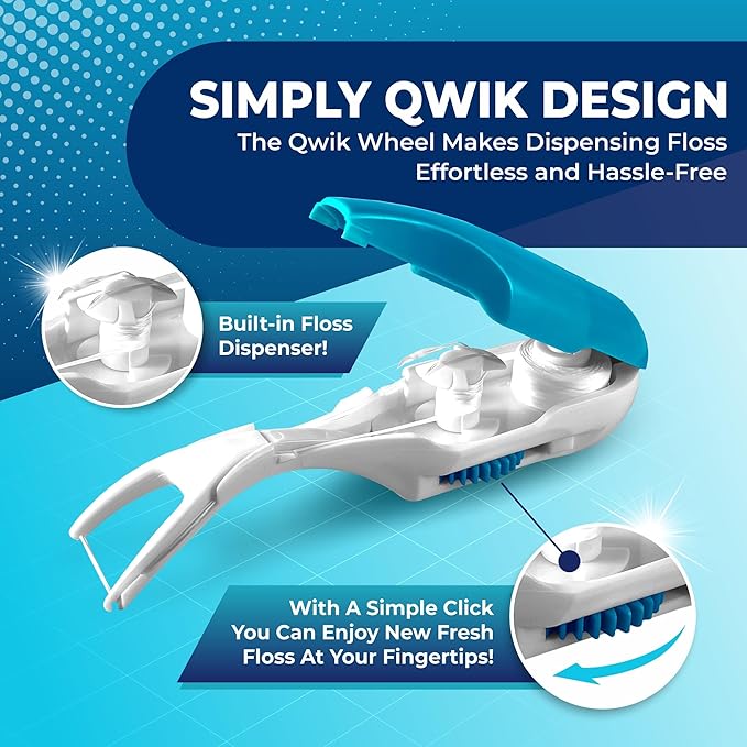 QWIK Automatic Dental Flosser | Click-to-Use, Reusable & Refillable | Pre-Loaded Floss with Travel Cover | Easy Flossing for Plaque Removal, Clean Teeth & Fresh Breath (Green)
