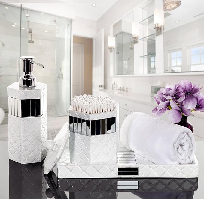 Creative Scents Quilted Mirror Vanity Tray – Decorative Cosmetics Organizer - Durable Resin - Best Bathroom Trays for Arranging Perfume/Jewelry/Makeup - Elegant Bathroom Accessories (White)