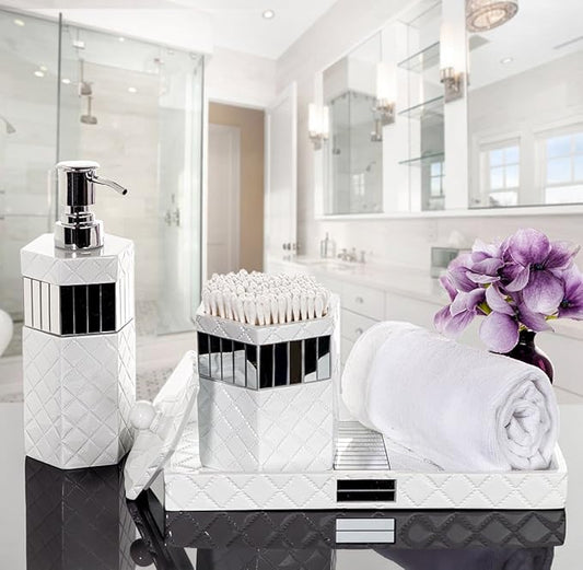 Creative Scents Quilted Mirror Vanity Tray – Decorative Cosmetics Organizer - Durable Resin - Best Bathroom Trays for Arranging Perfume/Jewelry/Makeup - Elegant Bathroom Accessories (White)