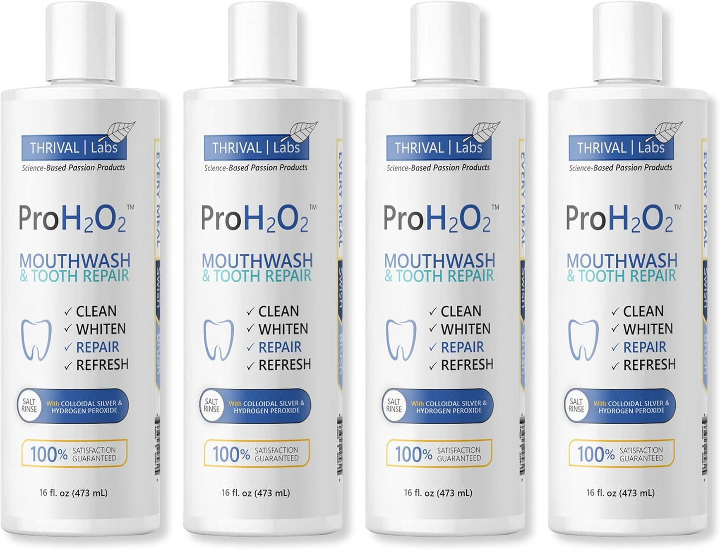 ProH2O2 Natural Mouthwash, Salt Swish, & Tooth Repair by Thrival Labs, Press Top Dispensing, Family Pack (4 Pieces)
