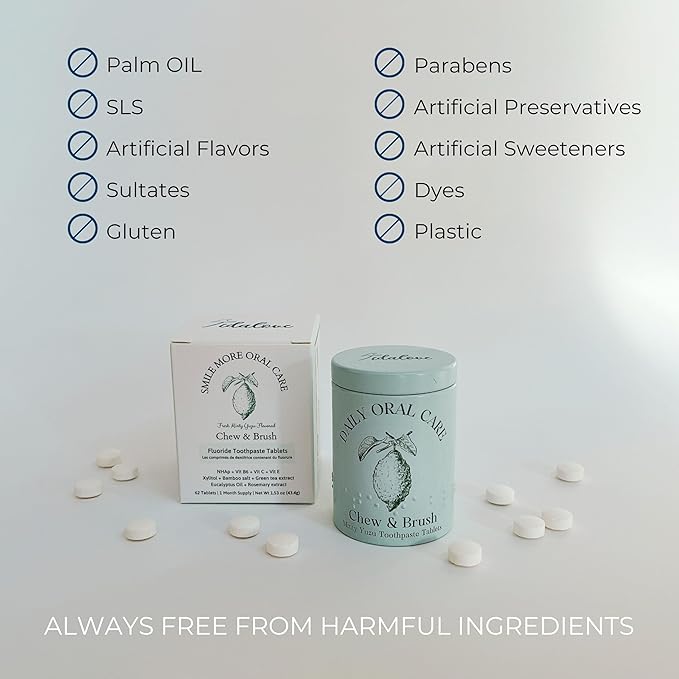 Smile More Toothpaste Tablets with Fluoride & nHAp - Vegan, Enamel Strengthening, Zero Waste, Eco-Friendly Tin (62 Tablets, Fresh Minty Yuzu, Travel-Friendly)