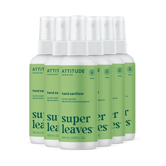 ATTITUDE Hand Sanitizer Spray for Adults and Kids, EWG Verified, Kills Bacteria and Germs, Vegan, Olive Leaves, 3.38 Fl Oz (Spray Bottle) (Pack of 6)