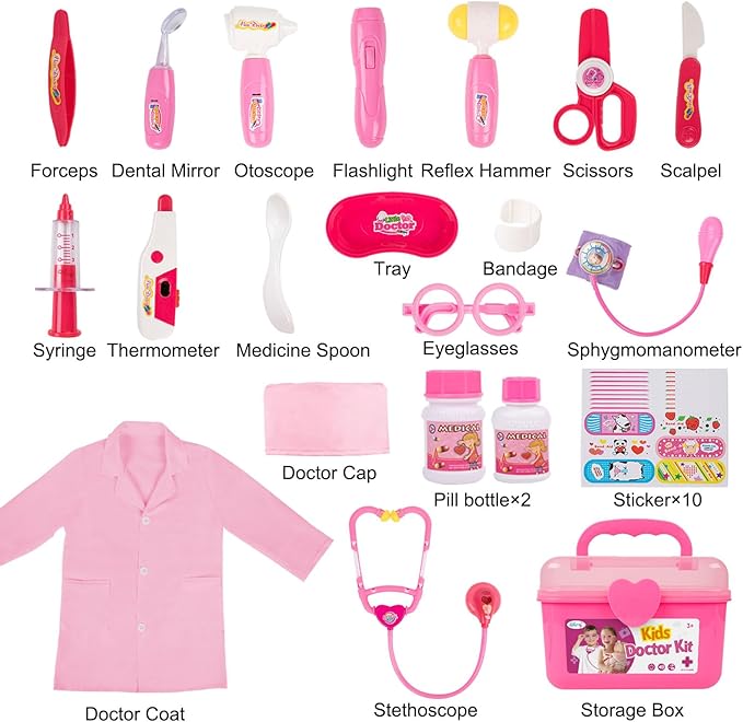 Liberry Doctor Kit for Toddlers 3 4 5 Years Old, Kids Doctor Play Set for Girls Boys Toy, Pretend Play Medical Kit with Stethoscope & Costume for Christmas Birthday Gift Pink