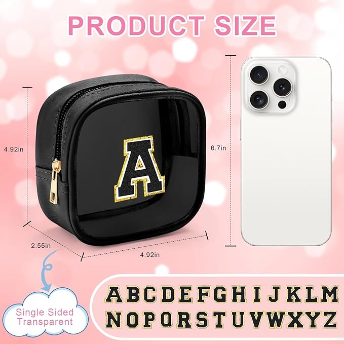 YOOLIFE Birthday Gifts Mini Initial Makeup Bag Travel Toiletry Bag, Clear Makeup Bag Car Accessories For Women Clear Makeup Bags With Zipper Girlfriend Teacher Girl Gifts Mini Graduation Gifts Black S