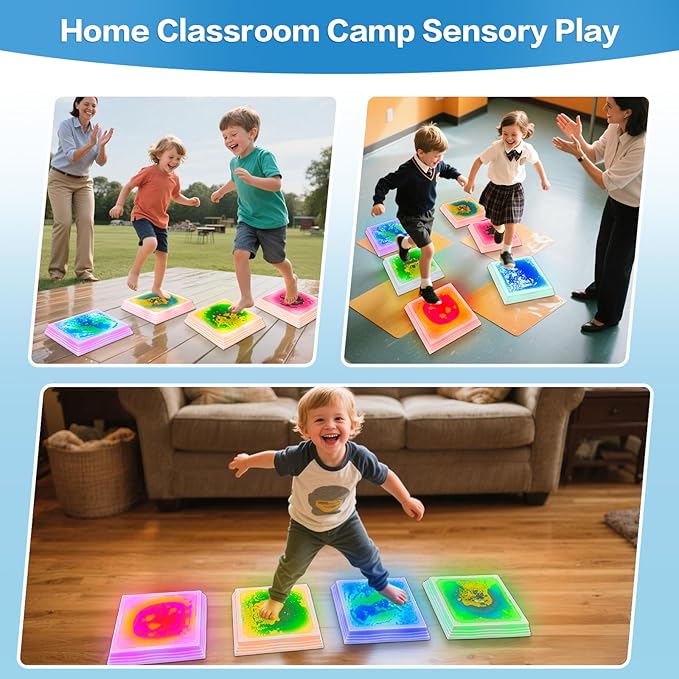 Light Up Sensory Floor Tiles for Kids - 12x12 Inch Liquid Sensory Play Mat with 7 Colors Led Lights, Non-Slip Puzzle Mat for Home and Classroom, Autism Sensory Toys for Toddlers Ages 3-7 (Pack of 6)