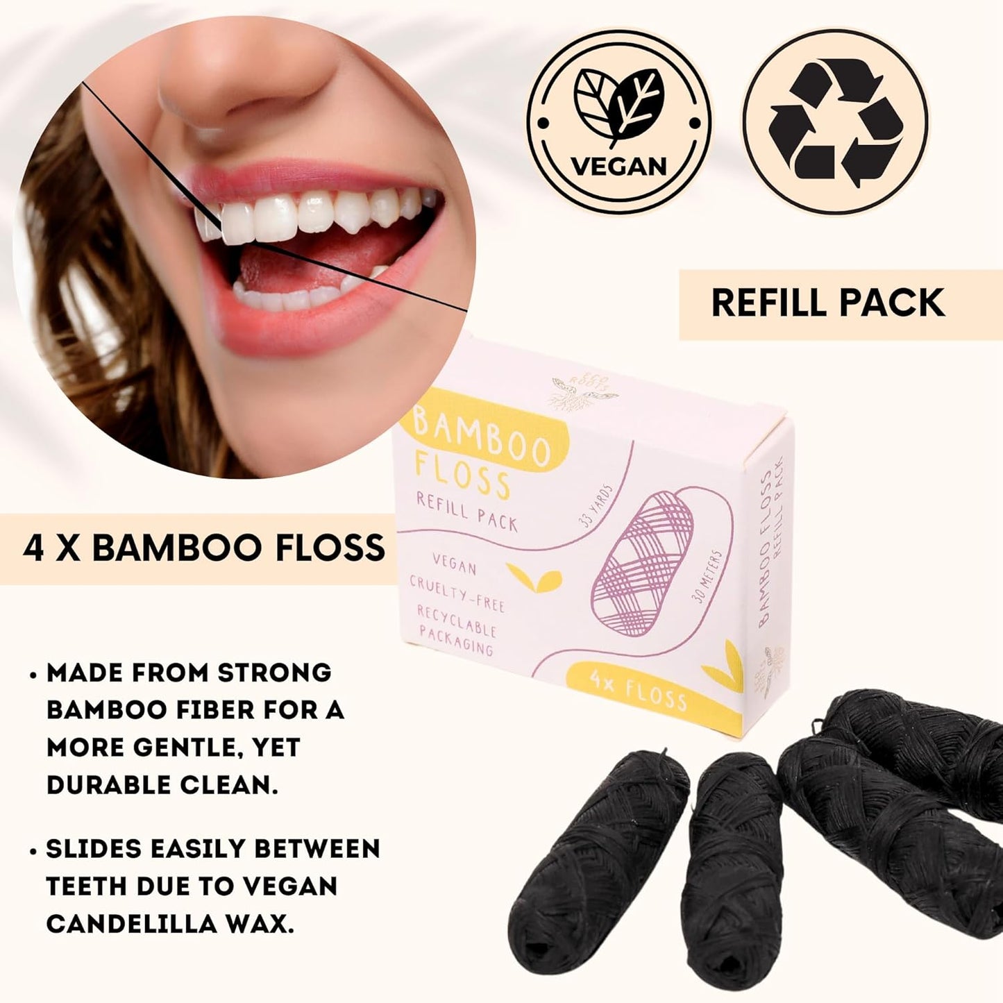 ECO ROOTS Organic Bamboo Floss Refill x4 Rolls, Eco Friendly Dental Charcoal Floss | Reusable & Vegan Bamboo Tooth Flossers | Zero Waste, Plastic Free, Biodegradable
