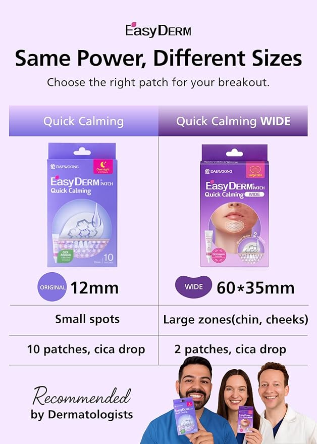 EasyDerm Quick Calming Magnesium Patches WIDE – 2 Large Face Acne Patches for Breakouts, TikTok Viral Microdot, With Bonus CICA Mini Ampoule