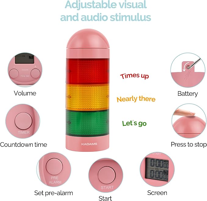 KADAMS Visual Timer for Kids with Audio Pre-Alarm - Traffic Light Alarm for Kids Toddler Teachers Classroom Home Time Management Tool 24hr Countdown Pause Memory Function, Pink