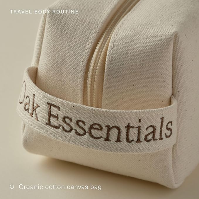 Oak Essentials Travel Body Routine | TSA-Friendly Mini Body Care Set with Wash, Scrub, Lotion, Oil, & Balm + Linen Travel Bag