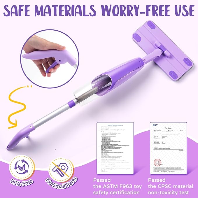 Purple Mini Spray Mop for Toddler-Montessori Cleaning Toy That Real Spray Water,Pretend Playhouse Essentials for Girls Ages 3-8,Toddler Educational Housekeeping Set
