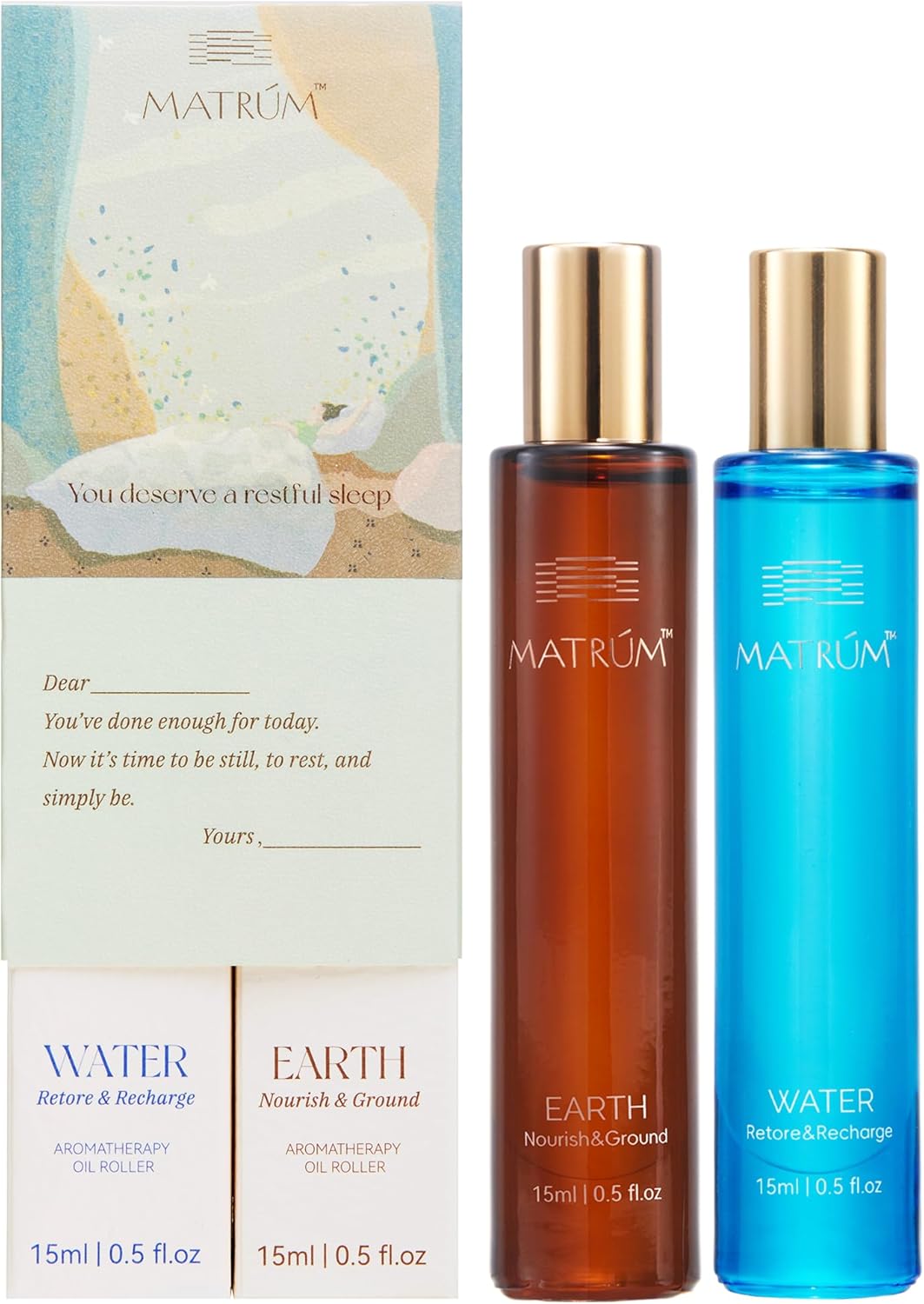 MATRUM Deep Sleep & Inner Calm Essential Oil Roll On Set, 100% Pure Aromatherapy Oils for Sleep, Anxiety & Stress Relief, Water & Earth Relaxing Duo, 1 Fl Oz