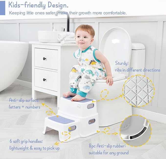 Forbena Kids Step Stool for Bathroom, Two Stepping Stool for Toddlers Toilet Potty Training, Sturdy Children Plastic Step Stool for Bed Bathroom Kitchen Counter Sink (White-Blue)