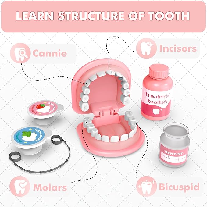 Dentist Play Set for Girls 3-5 - Doctor Kit Toy Gifts for 3 4 Year Old Toddler Girls, Pretend Play Montessori Toys Teeth and Dental Playset Medical Kits for Boys Kids 3 4 5 6 7 8 Pink