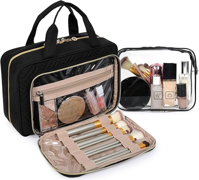 BAGSMART Toiletry Bag Hanging Travel Makeup Organizer with TSA Approved Transparent Cosmetic Bag Makeup Bag for Full Sized Toiletries, Medium-Black