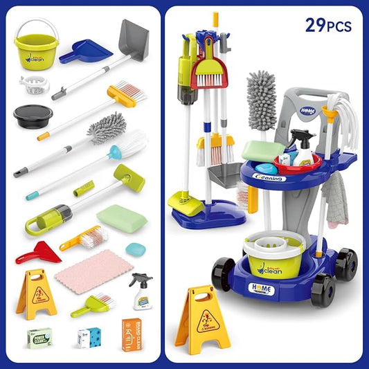 Toddler Cleaning Set，Kids Cleaning Toy Set，New 29-Piece Detachable Kids Cleaning Set for Toddlers - Pretend Play Educational Cleaning Carts (Blue)