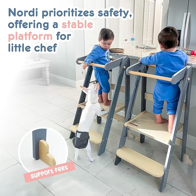 HARPPA Nordi Foldable Toddler Kitchen Tower, Montessori Kitchen Stools Helper, Standing Tower with 3 Adjustable Heights, Suitable Age for 2-6 Years, Grey