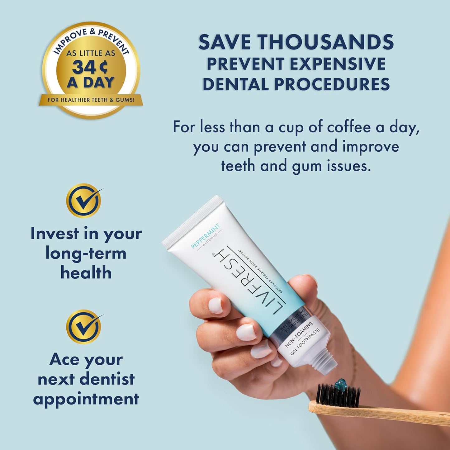 LIVFRESH Toothpaste Gel, Clinically Proven to Remove Plaque 250% Better, Improves Gum Health 190% Better, Prevents & Reduces Tartar, Peppermint