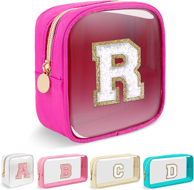 Mini Clear Personalized Initial Makeup Bag,Nylon Preppy A-Z Chenille Letter Patch Zipper Cosmetic Bag, Small Cute Beach Pouch Travel Purse Sanitary Napkin Storage Bag for Women Girls(Hot Pink-White R)