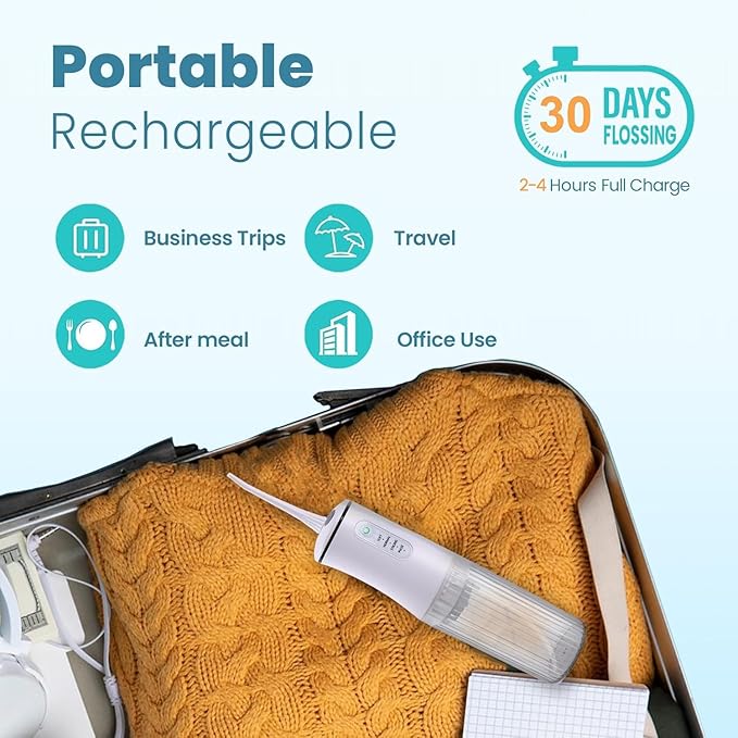 Cordless Water Flosser for Teeth Cleaning Pick - Electric Dental Irrigator with 4 Cleaning Modes & 8 Jet Tips, IPX7 Waterproof, Portable Rechargeable Design for Home & Travel Use,White