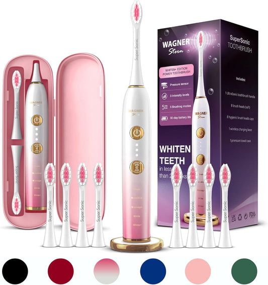 Wagner Stern WHITEN+ Edition. Whitening Electric Toothbrush with Pressure Sensor. Offers 5 Brushing Modes, 3 intensities, 8 Soft Brush Heads, and a Luxury Travel case. (Magnolia)