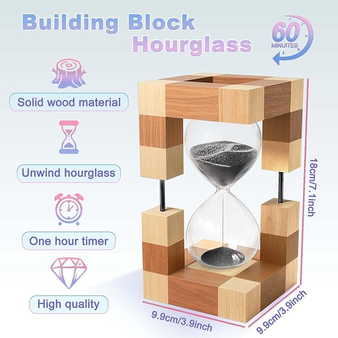 Sand Timer 60 Minute, Large Wooden Hourglass, 60 Min Wood Sand Clock Hour Glass, Reloj De Arena, Decorative Sandglass, Classrom,Office,Cooking, Black Sand