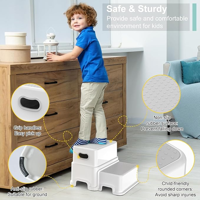 Victostar Toddler Step Stool,2 Kids Step Stool for Bathroom Sink,Baby Potty Stool with Anti-Slip Surface and Rubber Bottom,Plastic Stool with Handle for Toilet Potty Training Bathroom Kitchen
