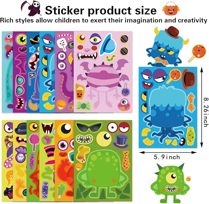 Make a Monster Face Stickers 48PCS Halloween Stickers for Kids Make Your Own Little Monster Sticker Sheets Halloween Theme Crafts Party Game Birthday School Classroom Reward Gift
