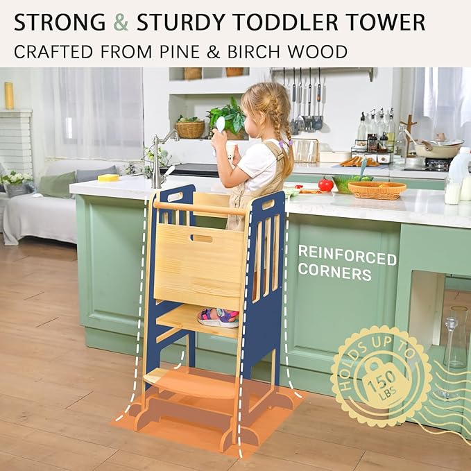 WINGYZ Toddler Kitchen Stool – Adjustable Helper Tower for Kids with Safety Rail, Wooden Standing Step-Up Stool, Sliding Door & Stable Base, Dark Blue