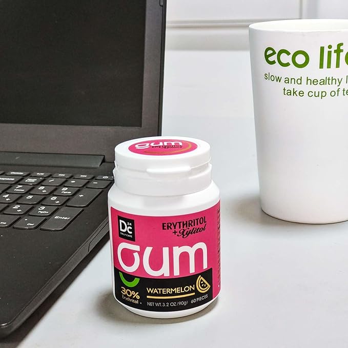 DC24 DAILY CARE Xylitol Chewing Gum with Erythritol, Aspartame Free & Sugar Free Gum for Dry Mouth, Low-Calorie, Sugarless, Watermelon, 60-Piece Pack, 4 Packs