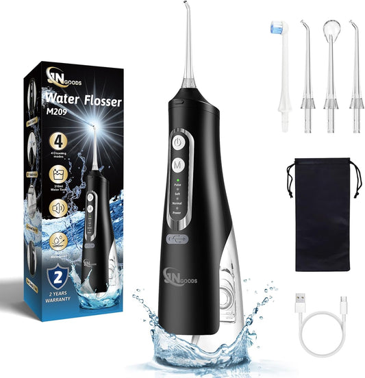 Cordless Water Dental Flosser Oral irrigator,JNGOODS 310ml Rechargeable Water flosser for Teeth IPX7 Waterproof 4 Modes Portable Irrigate with 4 Jet Tips,Travel Home use (Black)